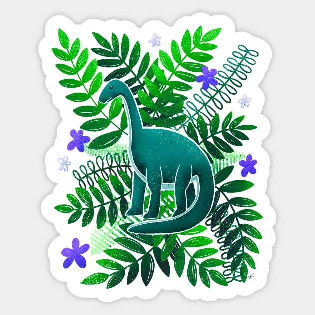 Dinosaur & Leaves - Green and Indigo Sticker by monitdesign